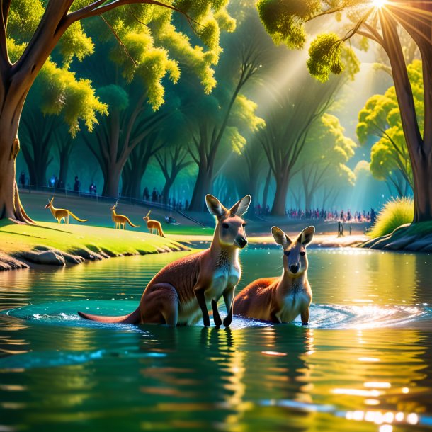 Photo of a swimming of a kangaroo in the park