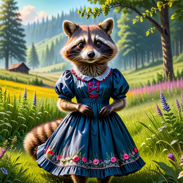 Image of a raccoon in a dress in the meadow