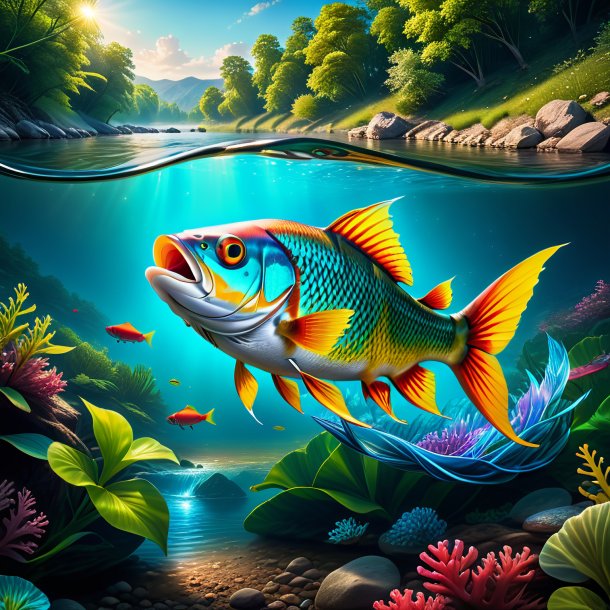 Illustration of a fish in a shoes in the river