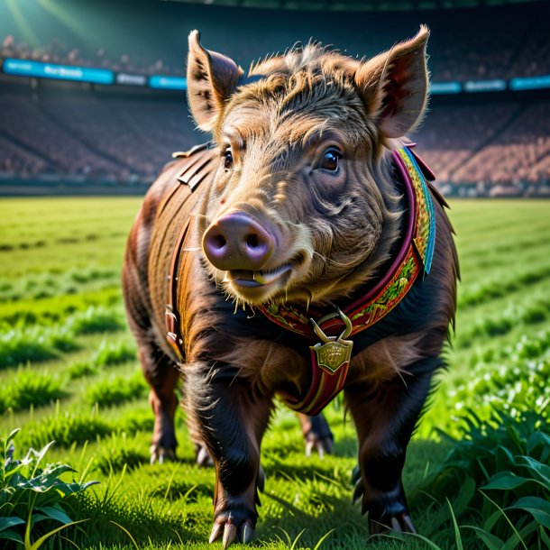 Image of a boar in a belt on the field