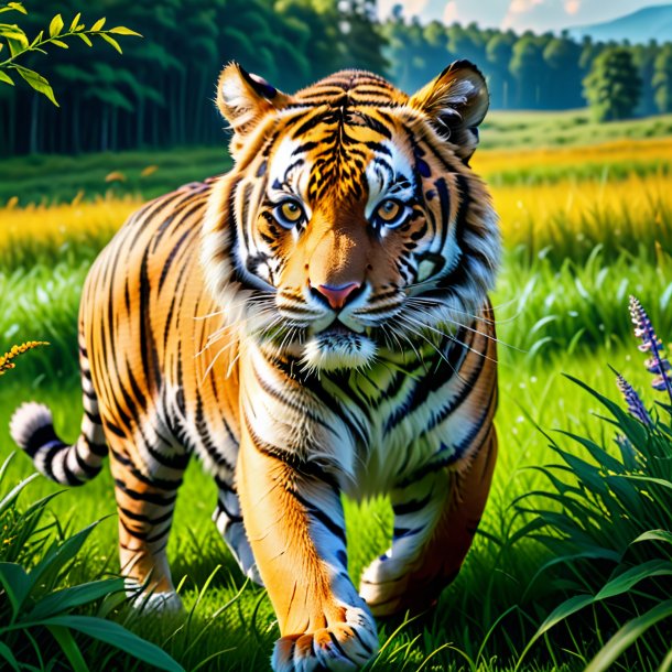 Photo of a playing of a tiger in the meadow