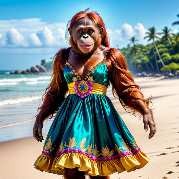 Foto de un orangután en un vestido en la playa