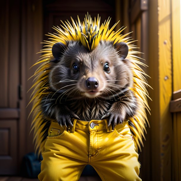 Imagem de um porco-espinho em um jeans amarelo