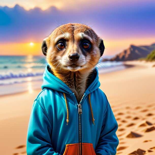 Image of a meerkat in a hoodie on the beach