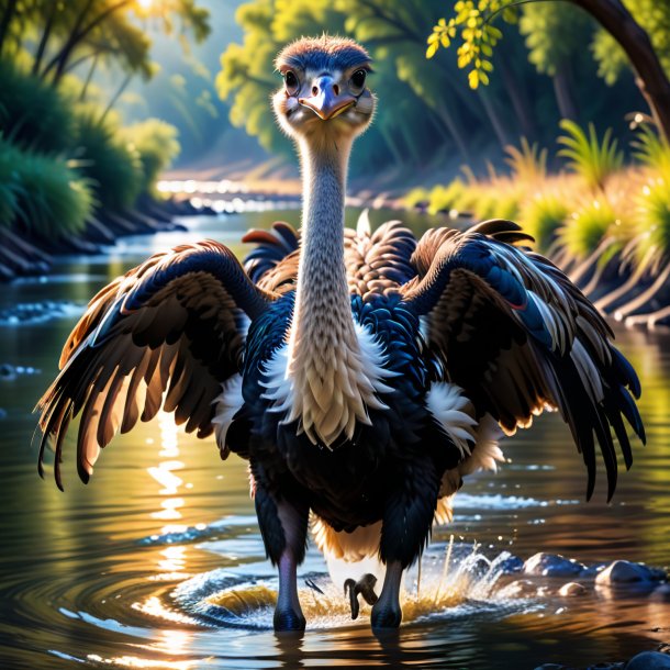 Foto de un avestruz en guantes en el río