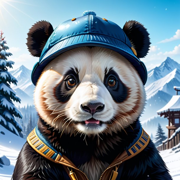 Illustration of a giant panda in a cap in the snow