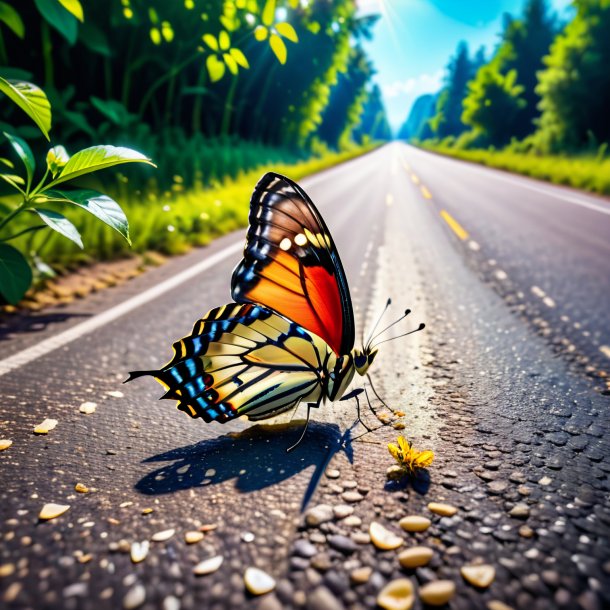 Foto de un comer de una mariposa en el camino