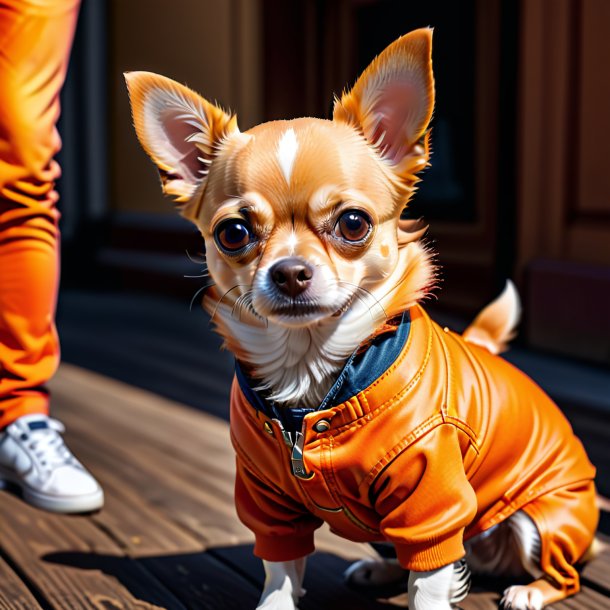 Foto de un chihuahua en un vaquero naranja