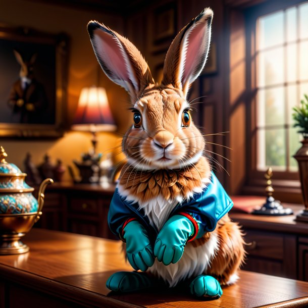 Photo of a hare in a gloves in the house