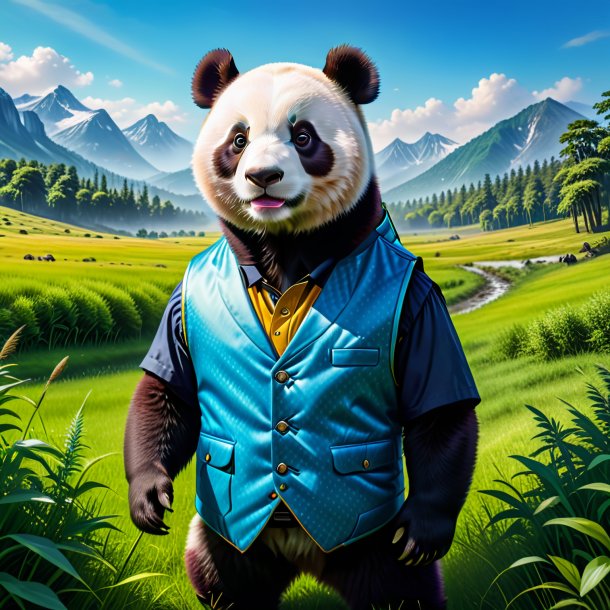 Image of a giant panda in a vest in the meadow