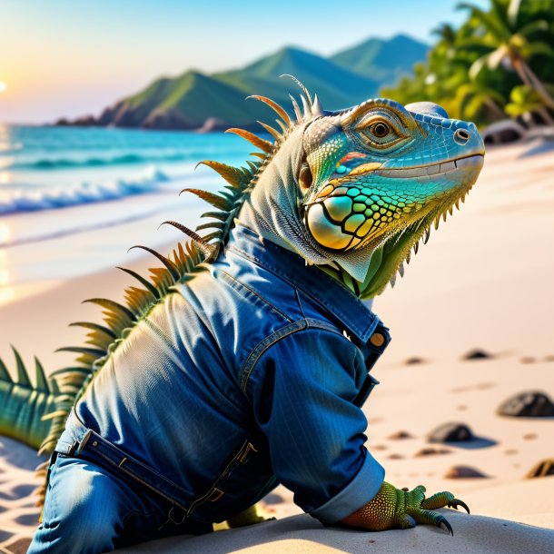 Foto de una iguana en jeans en la playa