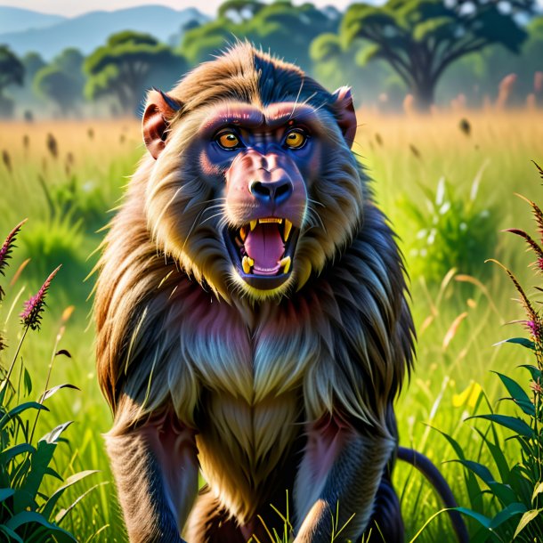 Picture of a threatening of a baboon in the meadow