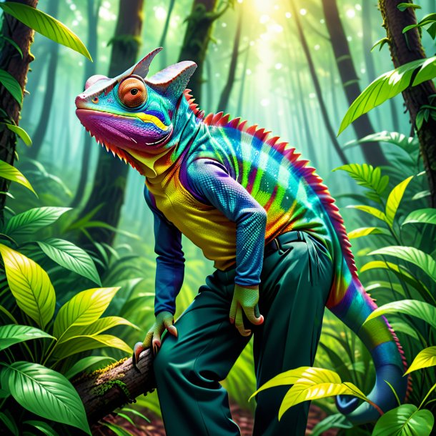 Illustration of a chameleon in a trousers in the forest