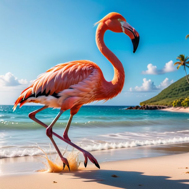 Image of a jumping of a flamingo on the beach