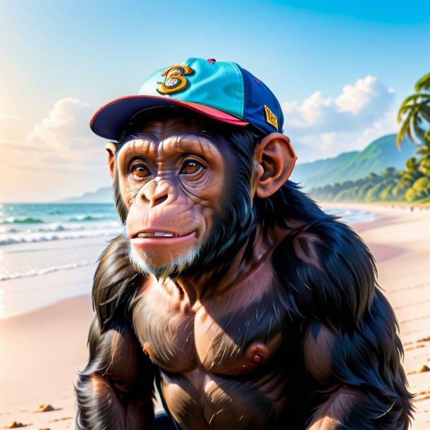 Photo of a chimpanzee in a cap on the beach