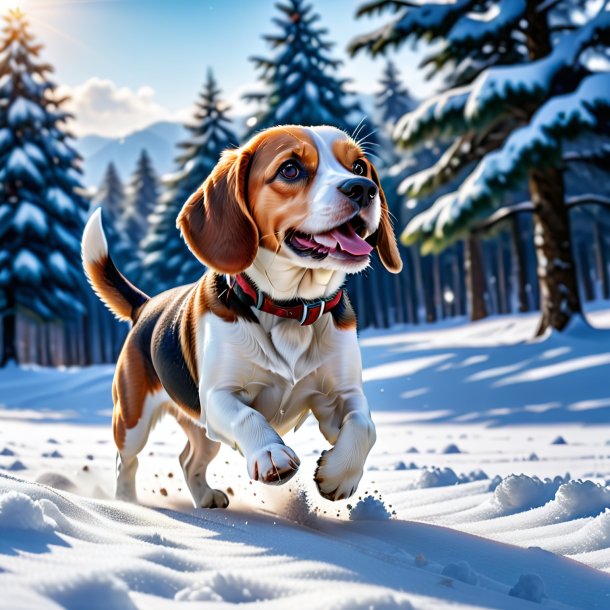 Foto de un juego de un beagle en la nieve