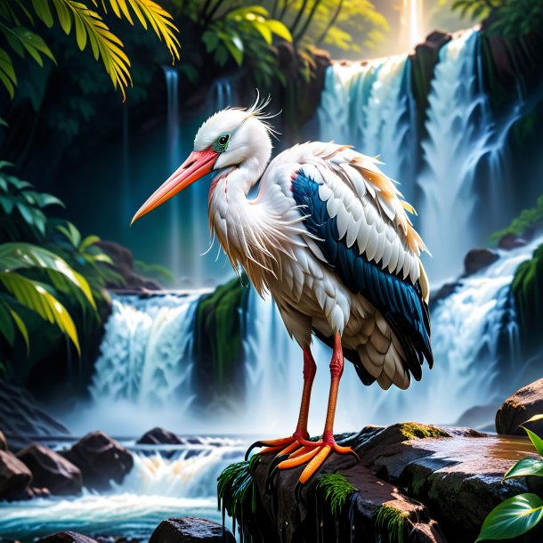 Photo of a stork in a gloves in the waterfall