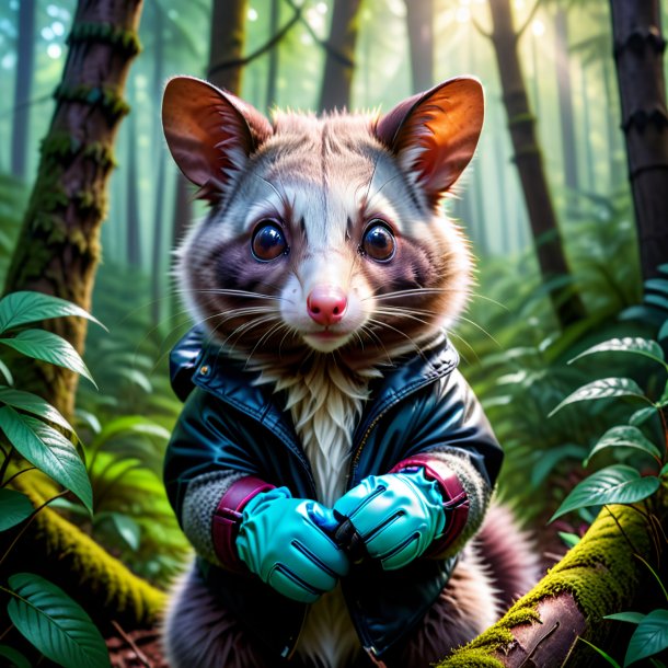 Photo of a possum in a gloves in the forest