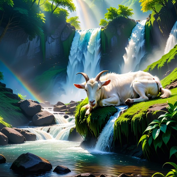 Pic of a sleeping of a goat in the waterfall