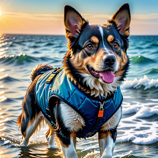 Foto de um cão em um colete no mar