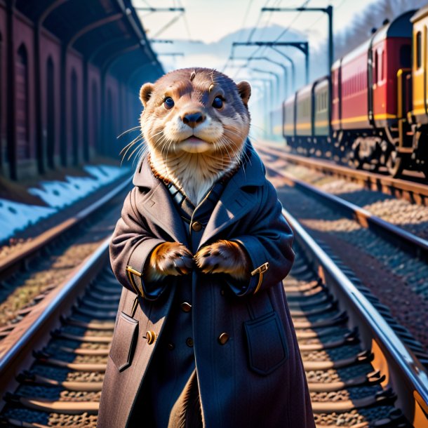 Photo of a otter in a coat on the railway tracks