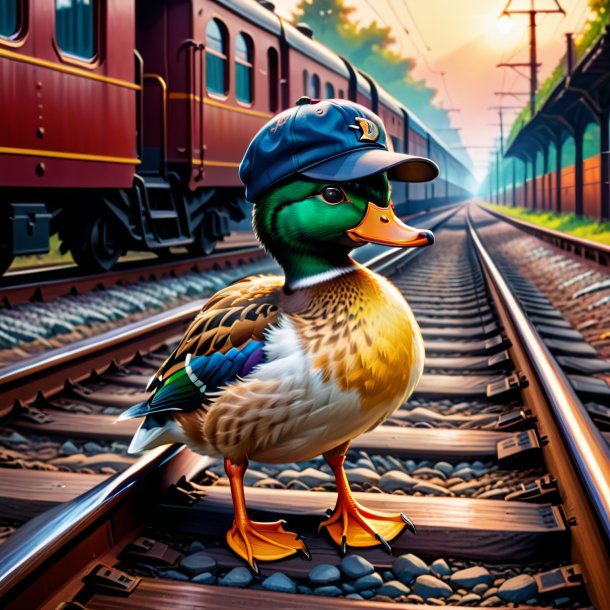 Drawing of a duck in a cap on the railway tracks