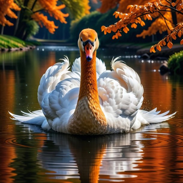 Foto de um cisne em uma jaqueta laranja