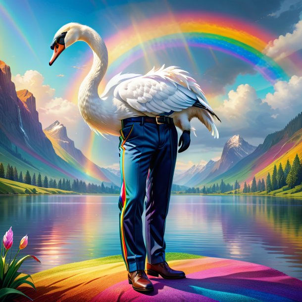 Illustration of a swan in a trousers on the rainbow