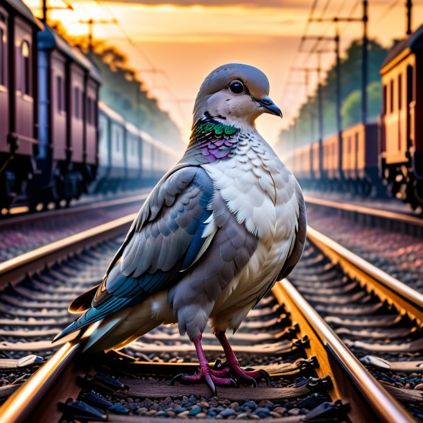 Foto de una paloma en un abrigo sobre las vías del tren