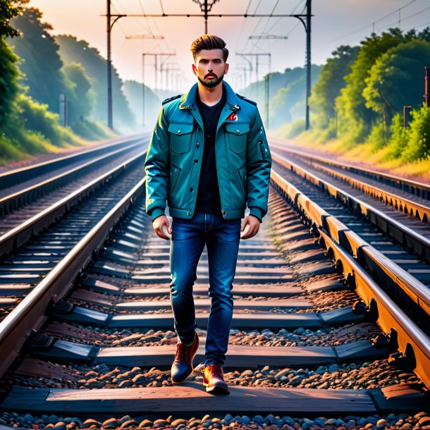 Photo of a mol in a jacket on the railway tracks