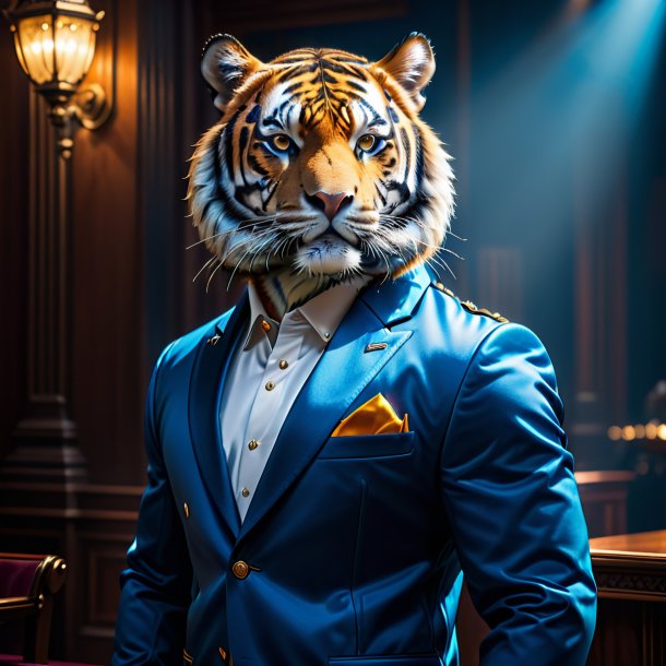 Photo of a tiger in a blue jacket