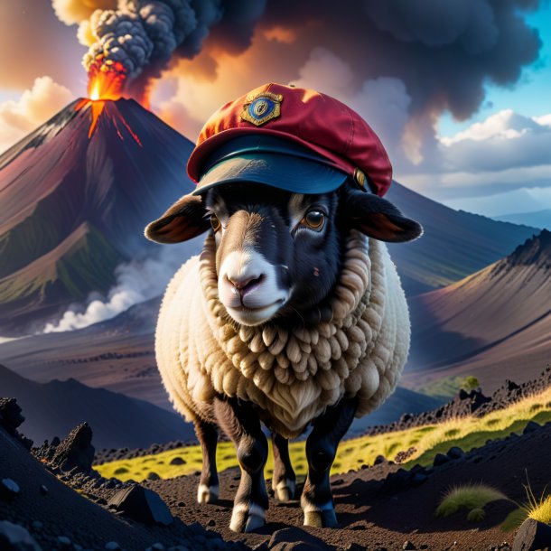 Foto de una oveja en una gorra en el volcán