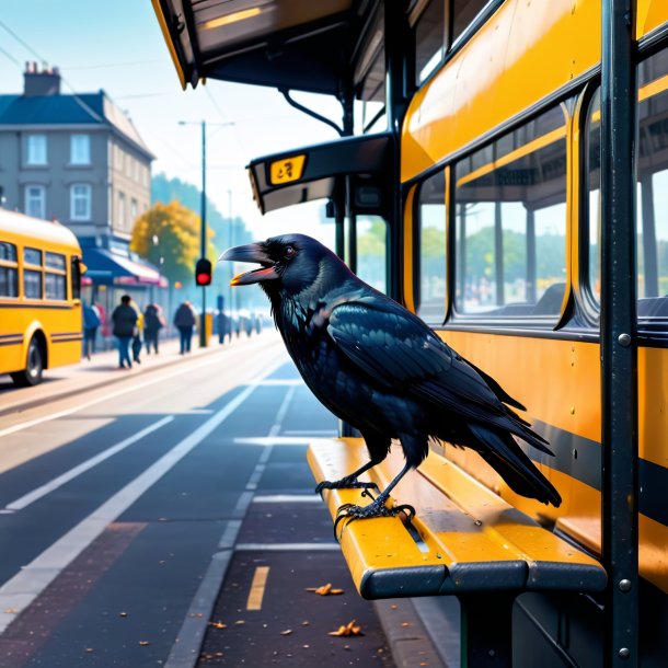 Image d'un repas d'un corbeau sur l'arrêt de bus