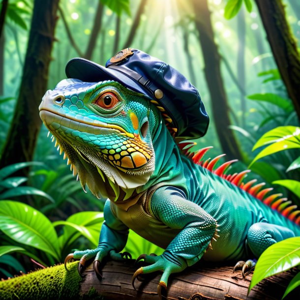 Image of a iguana in a cap in the forest