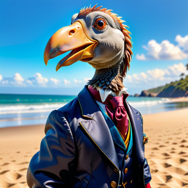 Foto de un dodo en una chaqueta en la playa