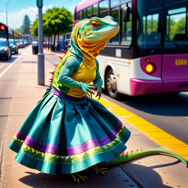 Photo of a lizard in a skirt on the bus stop