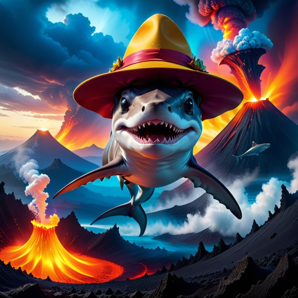 Photo of a hammerhead shark in a hat in the volcano