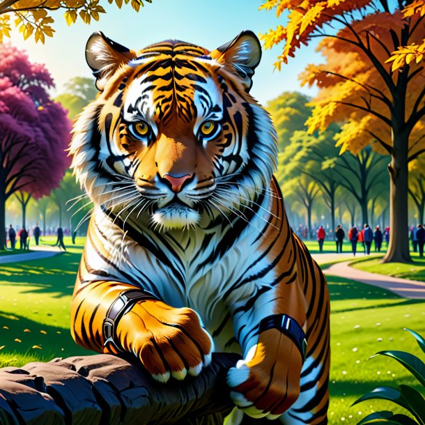 Drawing of a tiger in a gloves in the park