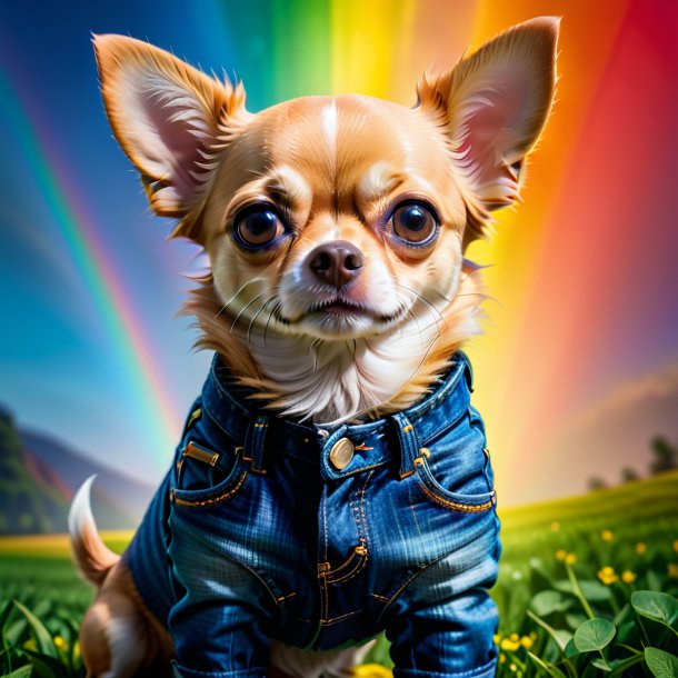 Imagen de un chihuahua en jeans en el arco iris