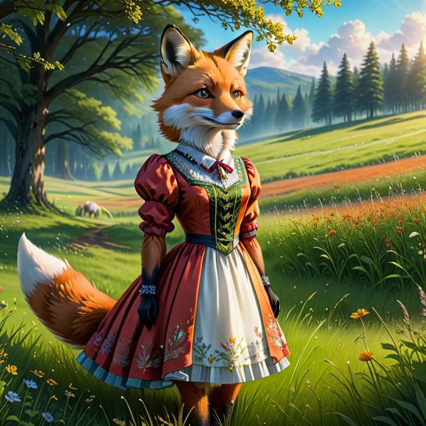 Dessin d'un renard dans une robe dans la prairie