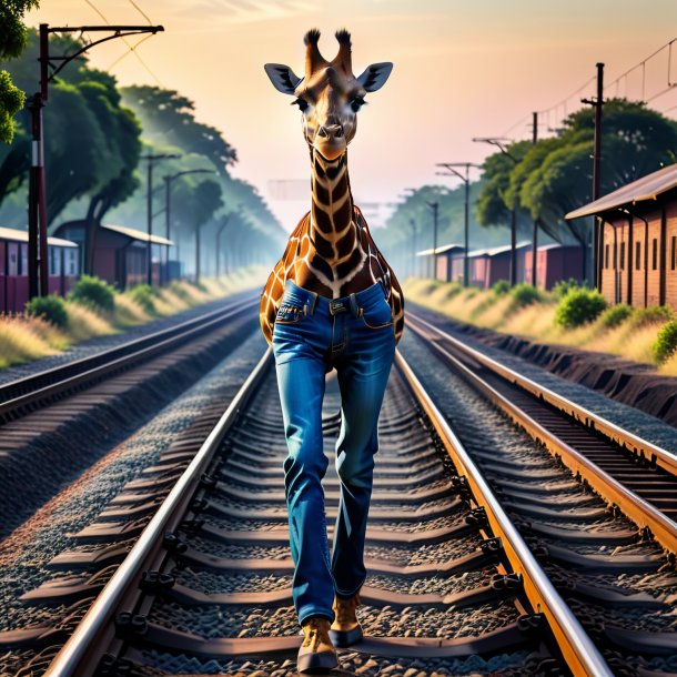 Image of a giraffe in a jeans on the railway tracks