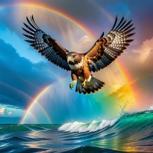 Photo of a swimming of a hawk on the rainbow