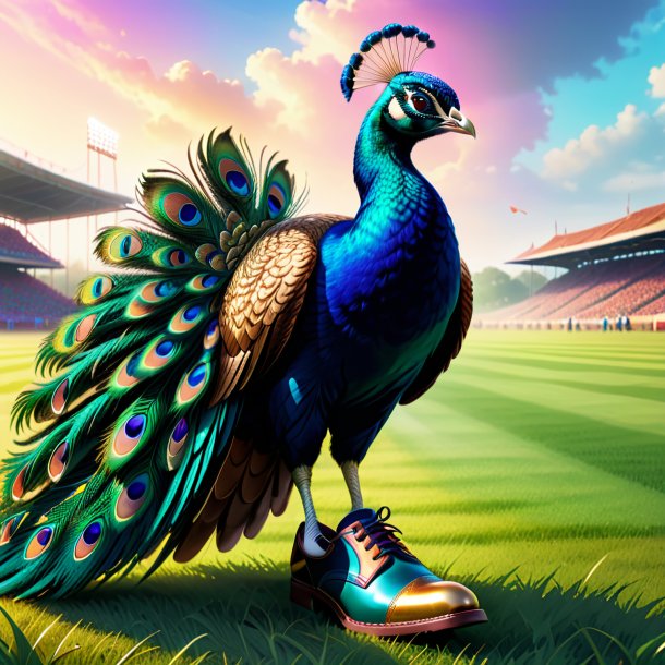 Illustration of a peacock in a shoes on the field