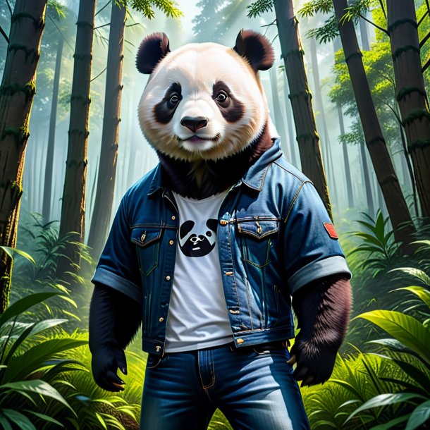 Foto de un panda gigante en un jeans en el bosque