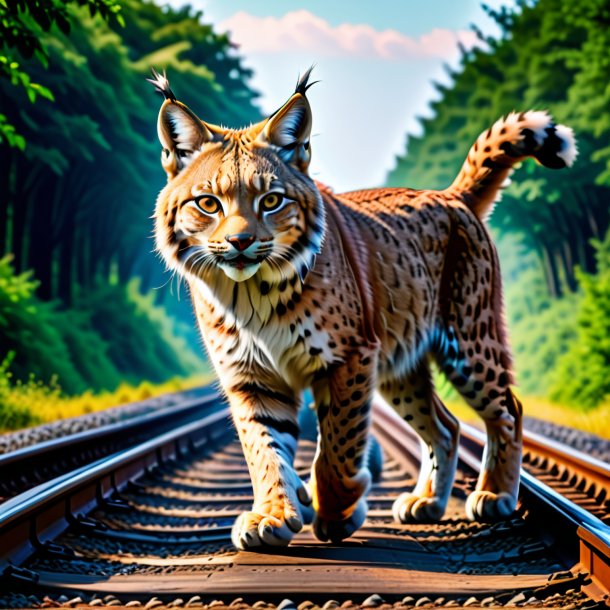 Photo of a dancing of a lynx on the railway tracks