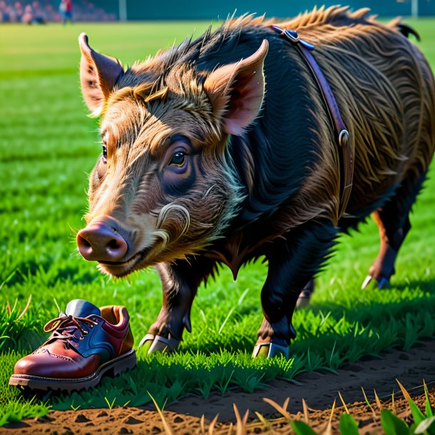 Image of a boar in a shoes on the field