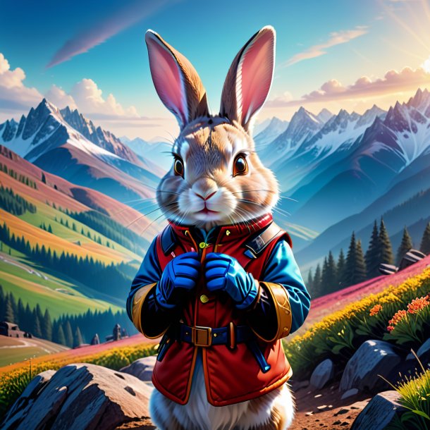 Illustration of a rabbit in a gloves in the mountains