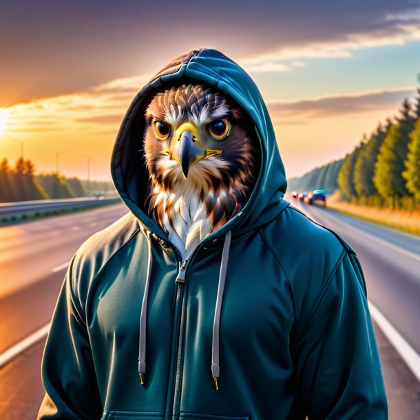 Photo of a hawk in a hoodie on the highway