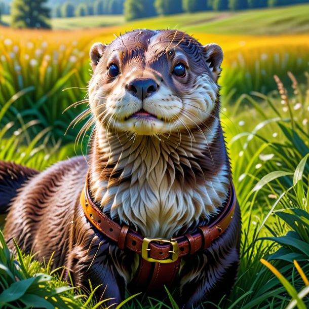 Photo d'une loutre dans une ceinture dans la prairie