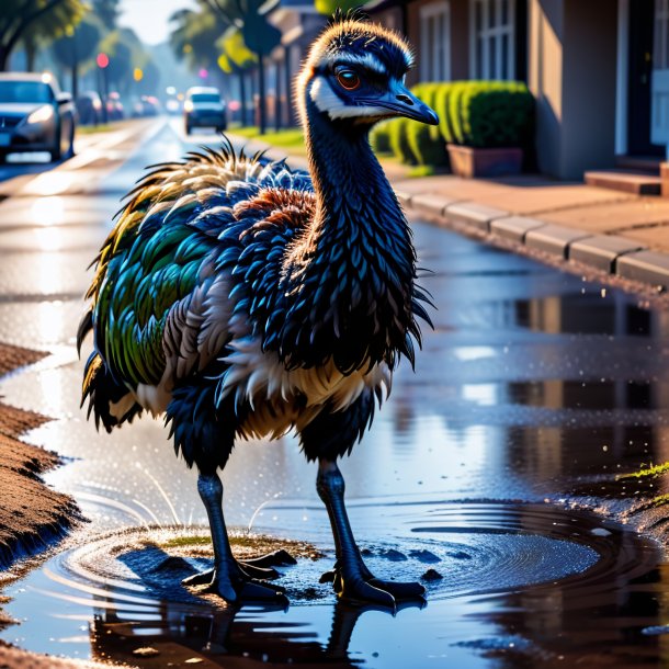 Foto de un emú en guantes en el charco